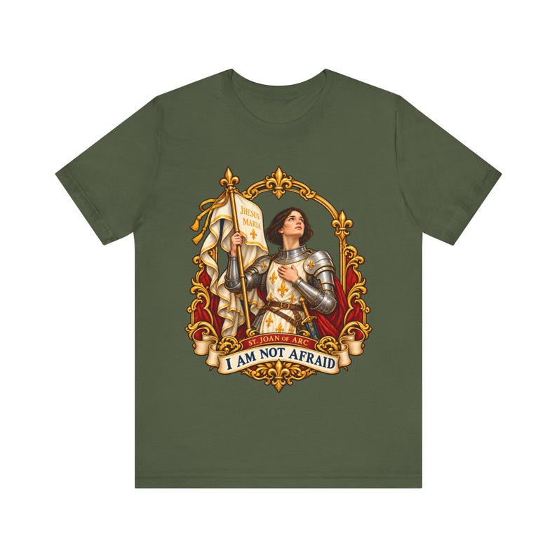 I Am Not Afraid Shirt, St Joan of Arc Fleur de Lis Tee, Catholic Confirmation Gift for Girls, Courage Faith Saint Apparel, Jhesus Maria image 4