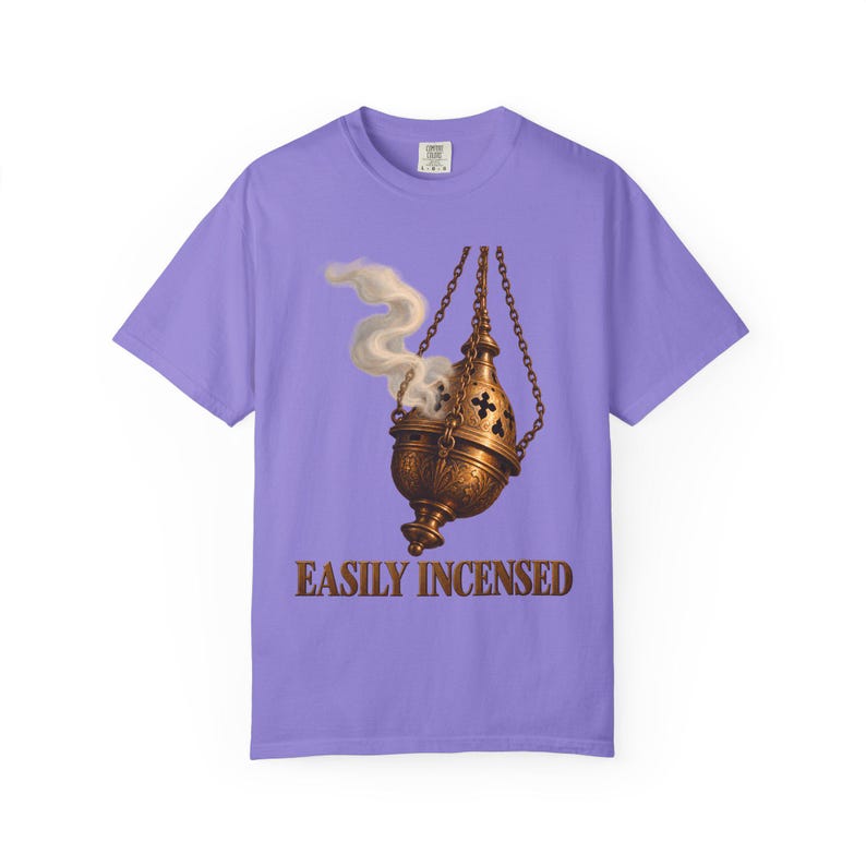 Easily Incensed Comfort Colors Shirt | Funny Catholic T-Shirt | Gift for Altar Server | Vintage Thurible with Smoke image 4