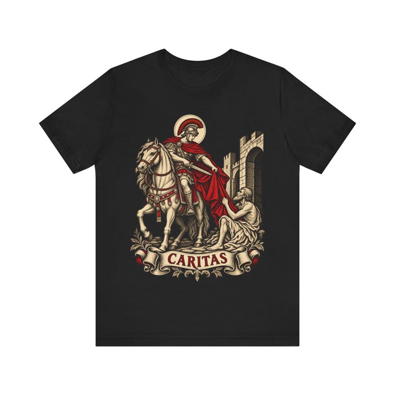 Camiseta de San Martín de Tours, capa de Caritas y arte del mendigo, regalo católico de la Misericordia para hombres, fiesta de San Martín el 11 de noviembre, ropa cristiana imagen 1