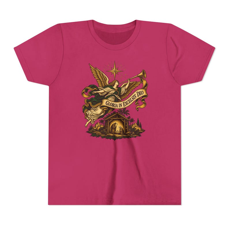 Camiseta infantil del Ángel de la Natividad, Camiseta juvenil Gloria in Excelsis Deo, Regalo católico de Navidad para niños, Representación navideña de la Estrella de Belén imagen 20