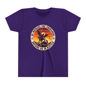 Kids Retro St Michael Badge Shirt, Youth Defend Us in Battle Tee, Catholic Boys Gift, Archangel Slaying Dragon Sunset image 20