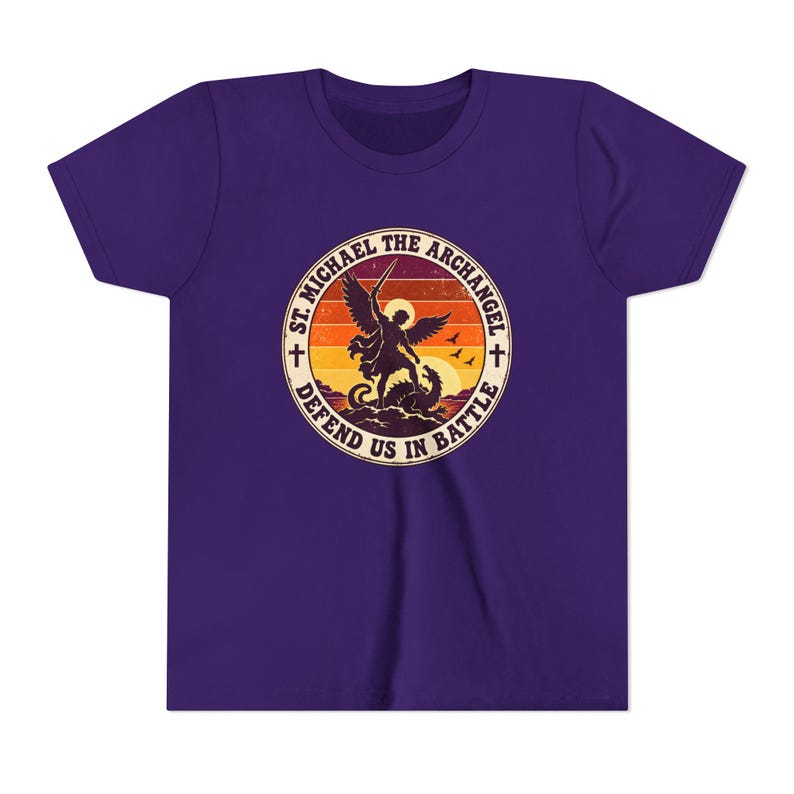 Kids Retro St Michael Badge Shirt, Youth Defend Us in Battle Tee, Catholic Boys Gift, Archangel Slaying Dragon Sunset image 20