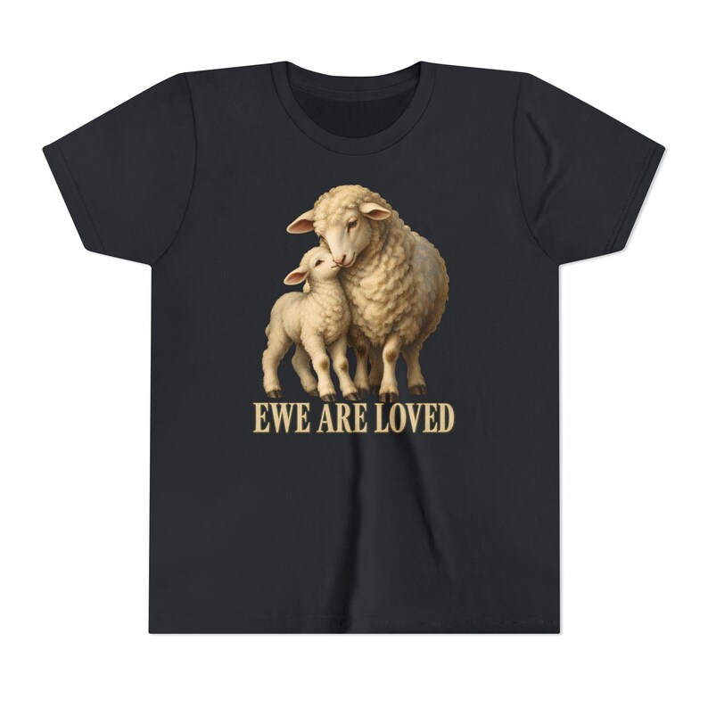 Kids Ewe Are Loved Shirt, Youth Lamb Tee, Sweet Christian Gift for Kids, Vintage Ewe and Lamb Painting image 6
