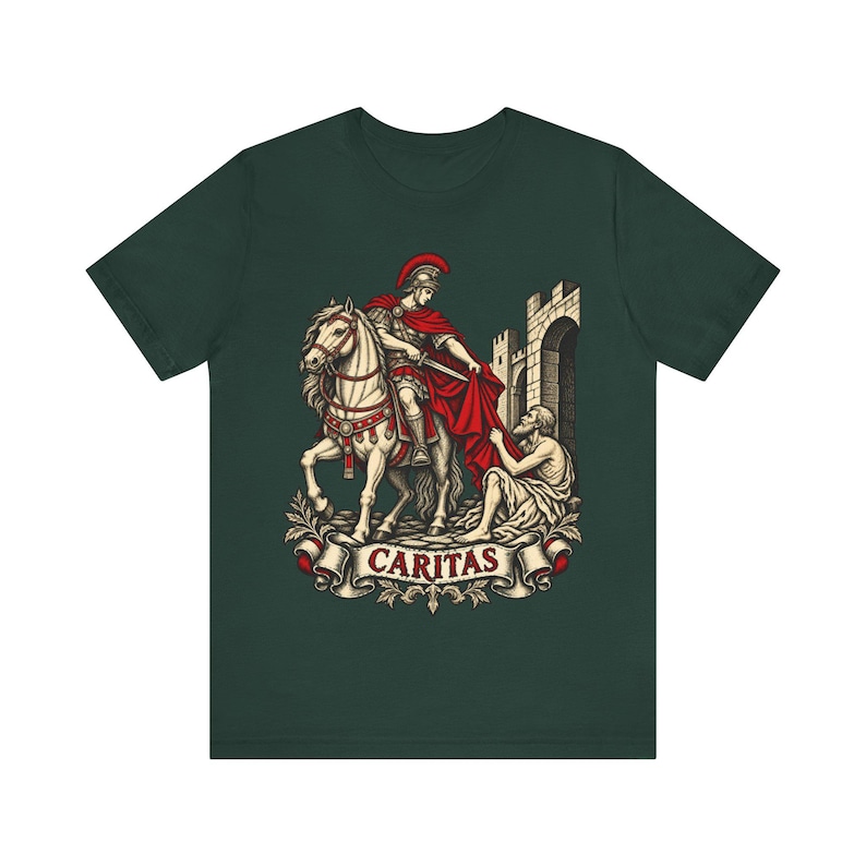 Camiseta de San Martín de Tours, Soldado romano compartiendo su capa, Camiseta Caritas, Regalo del santo patrón católico para hombres, Fiesta de San Martín 11 de noviembre imagen 5