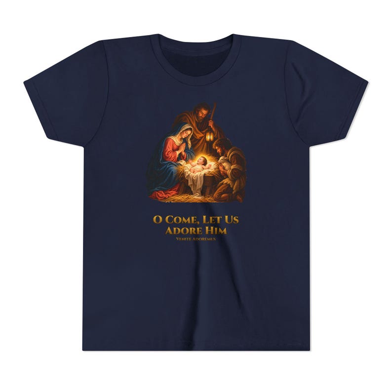 Kids O Come Let Us Adore Him Shirt, Youth Nativity Christmas Tee, Catholic Christmas Gift for Kids, Holy Family Venite Adoremus image 17