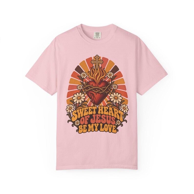 レトロな聖心Tシャツ、ビー・マイ・ラブ ヴィンテージサンバースト、カトリックの彼女へのギフト、ファーストフライデー クリスチャン レディースシャツ、コンフォートカラーズ 画像 8