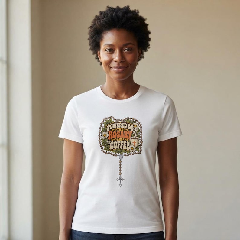 Rosary and Coffee Shirt | Funny Catholic T-Shirt | Gift for Catholic Mom | Powered by the Rosary image 1