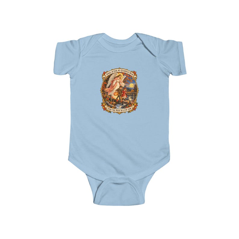 Baby Angel of God Prayer Bodysuit, Guardian Angel Infant One Piece, My Guardian Dear Catholic Baby Gift, Vintage Art image 3