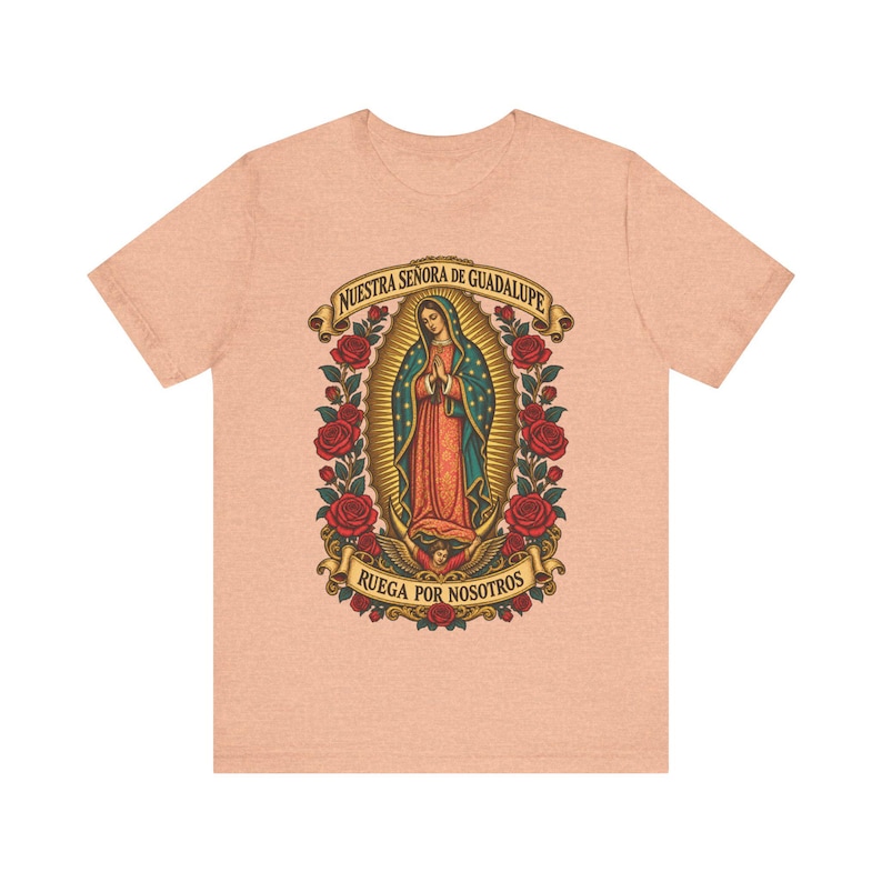 Guadalupe Shirt, La Guadalupana Ornate Virgen Morena Tee, Ruega por Nosotros, Our Lady of Tepeyac Holy Card Art, Mexican Gift for Mom image 1