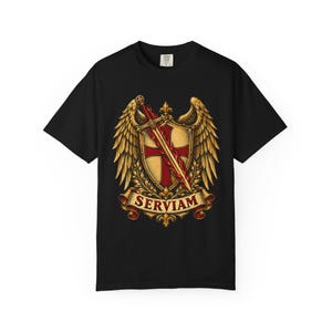 Saint Michael Heraldic Crest Tee, Golden Winged Shield, I Will Serve, Defend Us in Battle Gift for Veteran or Police, Comfort Colors image 5