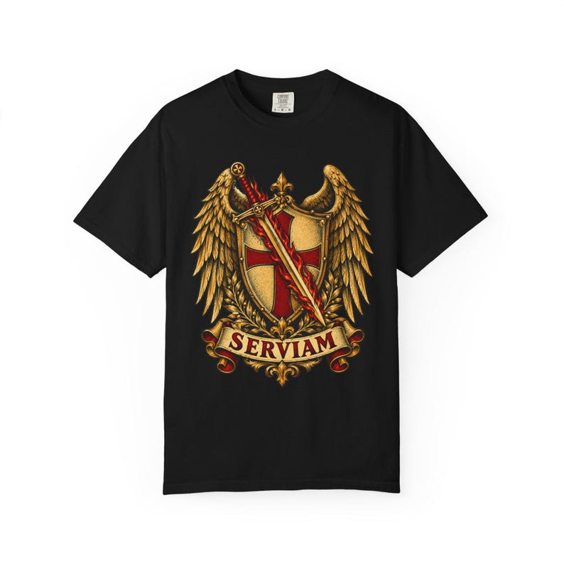 Saint Michael Heraldic Crest Tee, Golden Winged Shield, I Will Serve, Defend Us in Battle Gift for Veteran or Police, Comfort Colors image 5