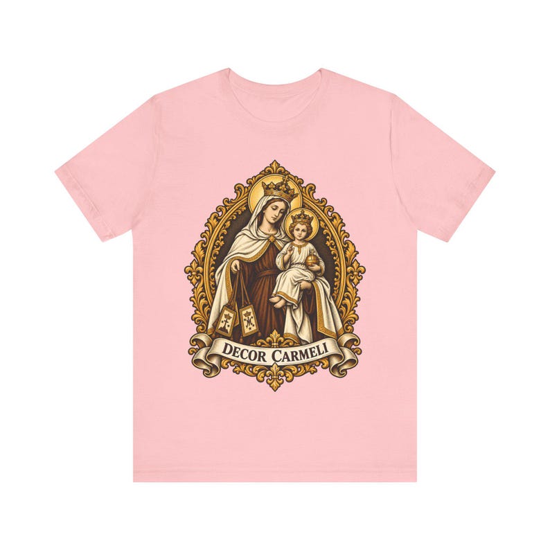 Mount Carmel Madonna Shirt, Brown Scapular Devotion Tee, Golden Frame Marian Art, Carmelite Virgin Mary Gift for Women, Catholic Apparel image 9