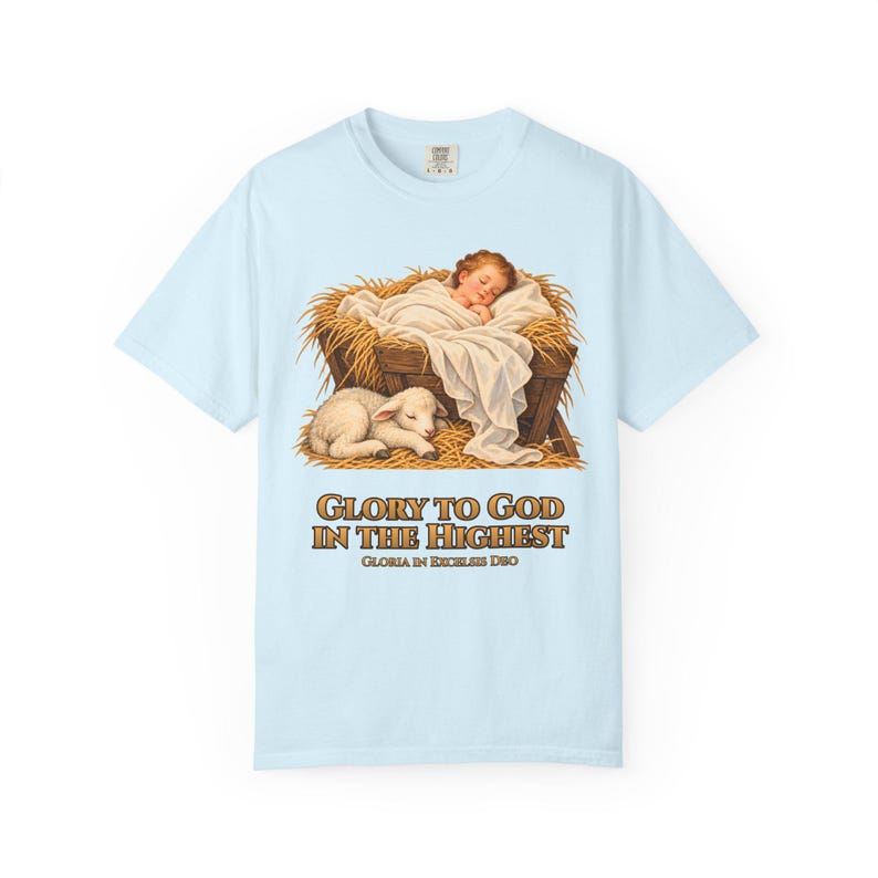 Glory to God in the Highest Comfort Colors Shirt | Catholic Christmas Nativity T-Shirt | Christmas Gift | Christ Child with Lamb image 6