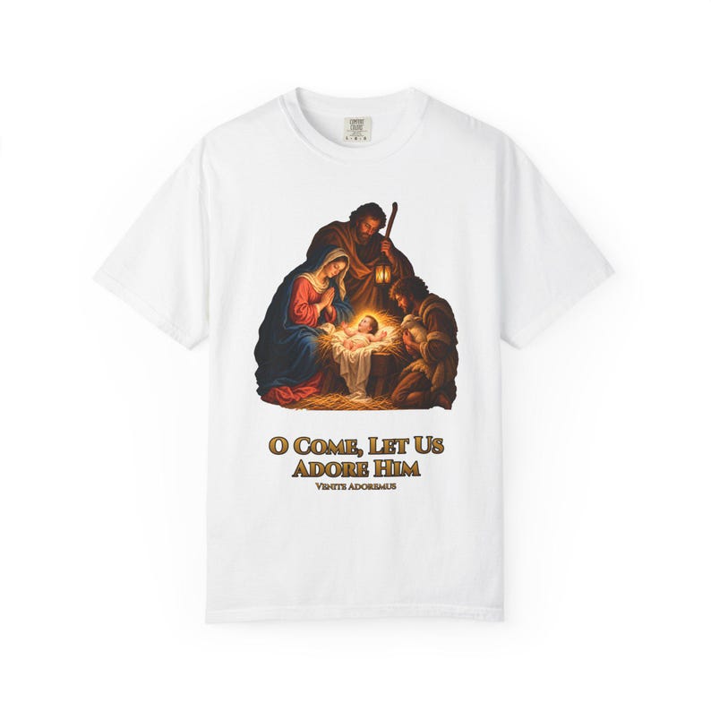 O Come Let Us Adore Him Comfort Colors Shirt | Catholic Christmas Nativity T-Shirt | Christmas Gift | Holy Family at the Manger image 1