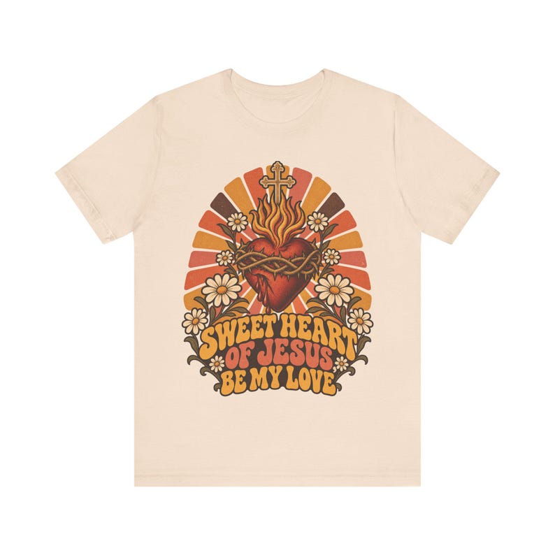 Sacred Heart Shirt, Be My Love Sweet Jesus Retro Tee, Catholic Valentine Gift for Her, Vintage 70s Christian Floral Apparel image 5