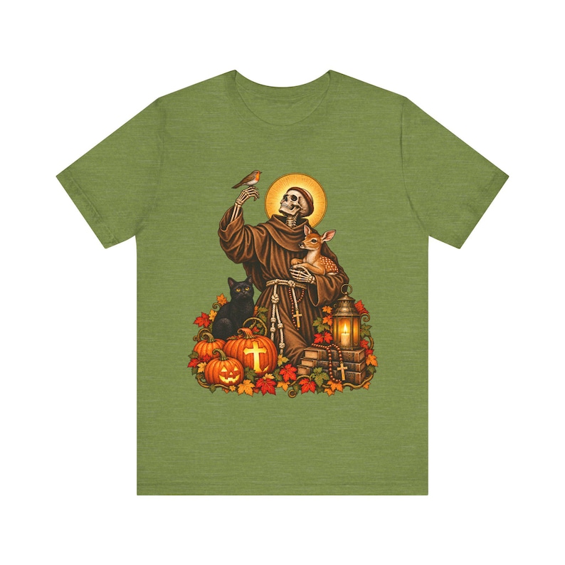 Skeleton St Francis Shirt | Catholic Halloween T-Shirt | Animal Lover Gift | Spooky Saint with Deer and Cat image 4