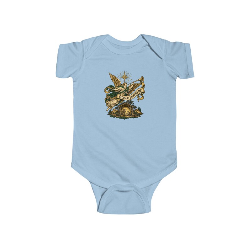 Baby Nativity Angel Bodysuit, Gloria in Excelsis Deo Infant One Piece, Catholic First Christmas Gift, Star of Bethlehem Baby image 3