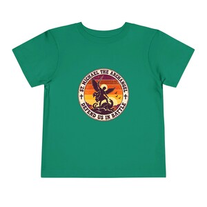 Toddler Retro St Michael Badge Tee, Defend Us in Battle Shirt, Catholic Gift for Toddlers, Archangel Slaying Dragon Sunset image 9
