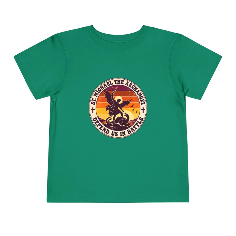 Toddler Retro St Michael Badge Tee, Defend Us in Battle Shirt, Catholic Gift for Toddlers, Archangel Slaying Dragon Sunset image 9