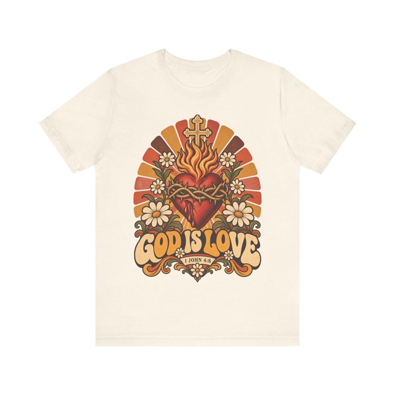 1 John 4:8 Shirt | Catholic T-Shirt | Faith Gift for Women | God Is Love, Retro Sacred Heart Sunburst immagine 2