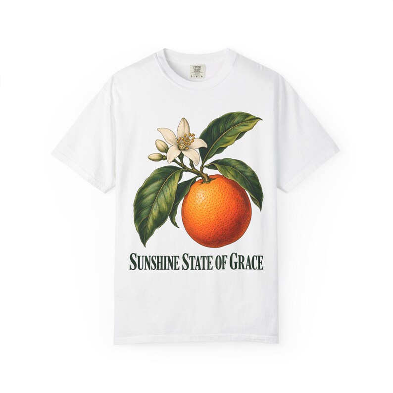 Sunshine State of Grace Comfort Colors Shirt | Catholic Florida T-Shirt | Florida Gift | Vintage Orange and Blossom image 1