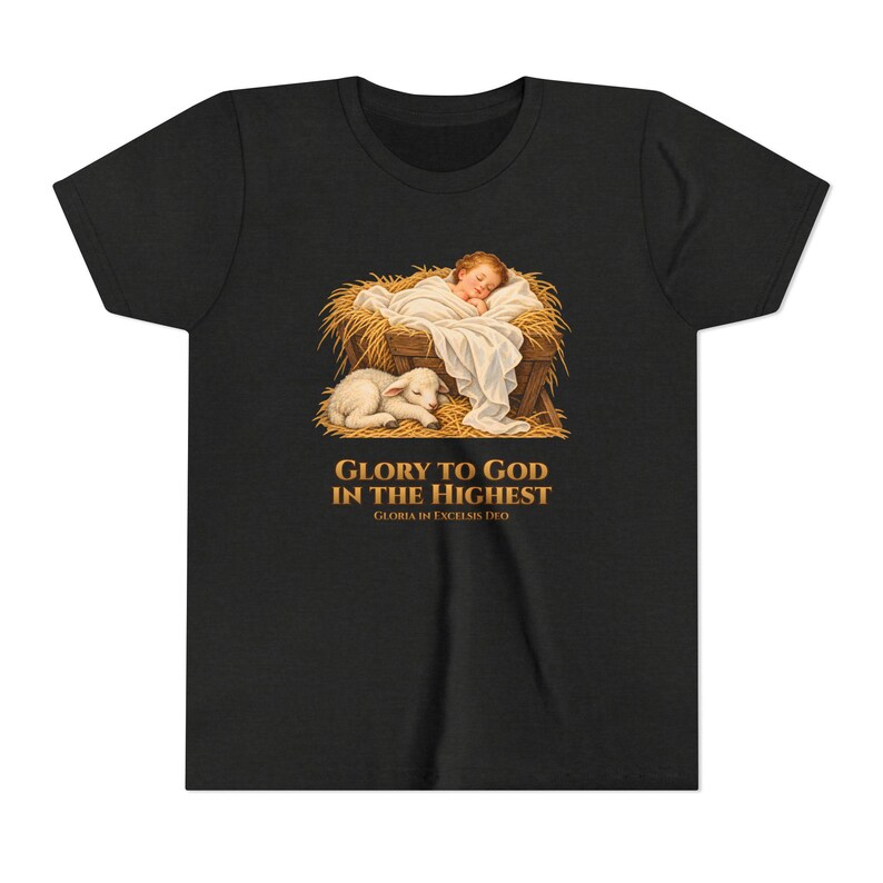 Kids Glory to God in the Highest Shirt, Youth Nativity Christmas Tee, Catholic Christmas Gift for Kids, Baby Jesus in the Manger image 7