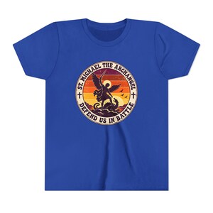 Kids Retro St Michael Badge Shirt, Youth Defend Us in Battle Tee, Catholic Boys Gift, Archangel Slaying Dragon Sunset image 14