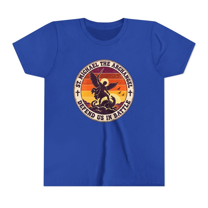 Kids Retro St Michael Badge Shirt, Youth Defend Us in Battle Tee, Catholic Boys Gift, Archangel Slaying Dragon Sunset image 14