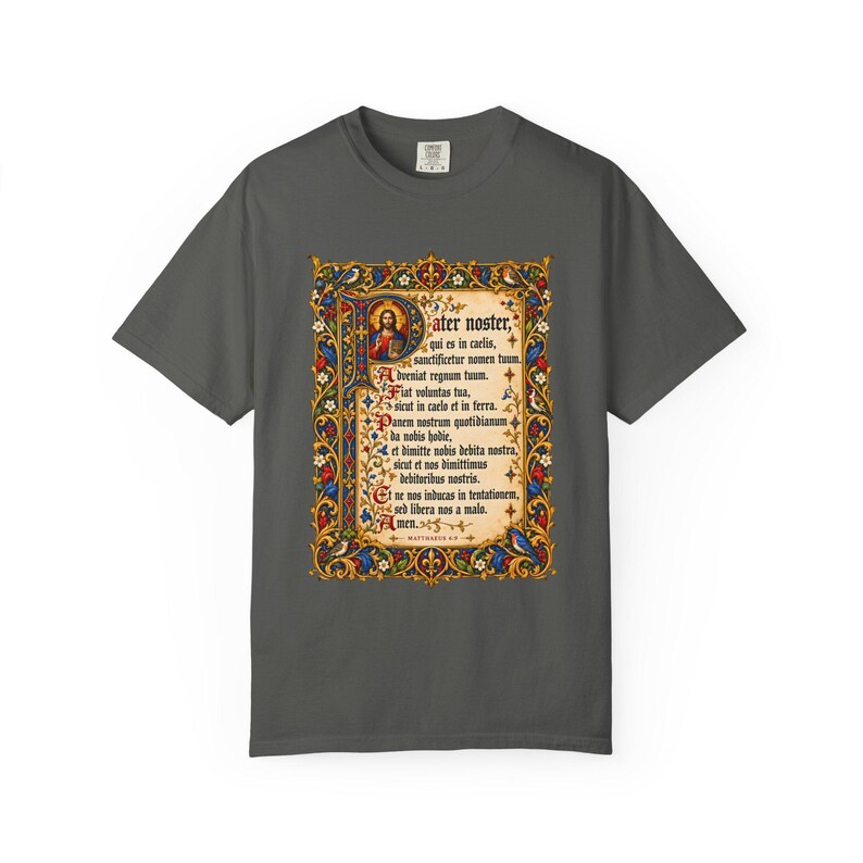 Pater Noster Tee, Latin Our Father Illuminated Manuscript, Lord's Prayer Medieval Christian Shirt, Traditional Catholic Gift, Comfort Colors image 3