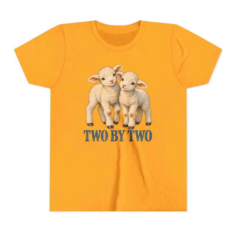 Kinder T-shirt 'Twee aan Twee', T-shirt voor jongeren met afbeelding van een tweelinglammetjes, Christelijk cadeau met de ark van Noach voor tweelingen of broers en zussen, Vintage lammetjeskunst afbeelding 5