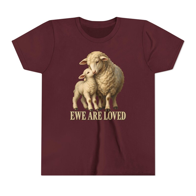 Kids Ewe Are Loved Shirt, Youth Lamb Tee, Sweet Christian Gift for Kids, Vintage Ewe and Lamb Painting image 18