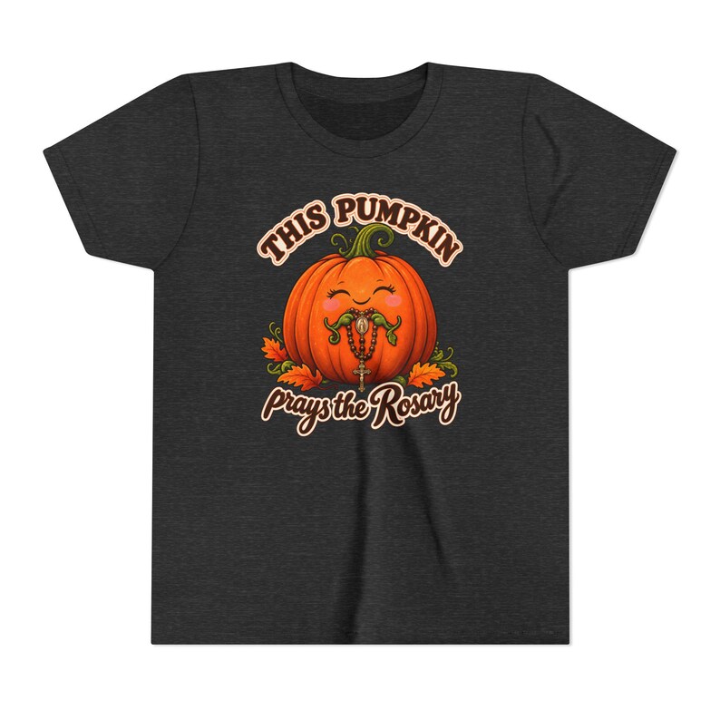 Youth Catholic Halloween Shirt, Pumpkin Prays Rosary, Fall Harvest Gift image 5