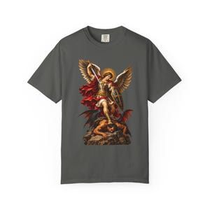 Archangel Michael Tee, Triumphant Angel Crushing the Devil, Warrior Prayer Gift for Dad, Godson or Husband, Comfort Colors image 5