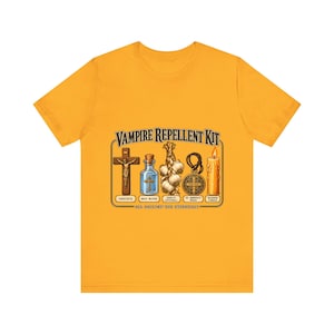 Vampire Repellent Kit Shirt, Funny Catholic Halloween Tee, Crucifix Garlic and St Benedict Medal Art, All Hallows Eve Gift, Bella Canvas Tee image 9