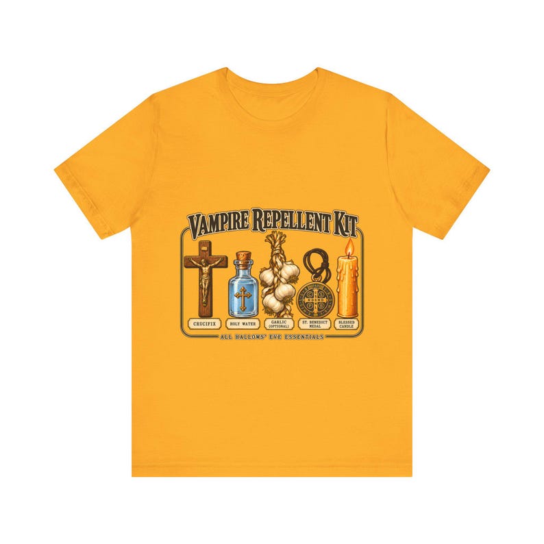 Vampire Repellent Kit Shirt, Funny Catholic Halloween Tee, Crucifix Garlic and St Benedict Medal Art, All Hallows Eve Gift, Bella Canvas Tee image 9