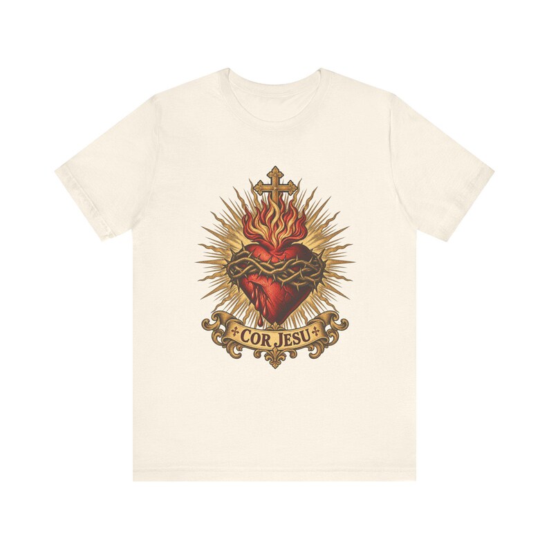 T-Shirt mit Herz-Jesu-Motiv | Katholisches T-Shirt | Geschenkidee für Männer am ersten Freitag im Monat | Goldene Sonnenstrahlen, Herz Jesu Bild 3