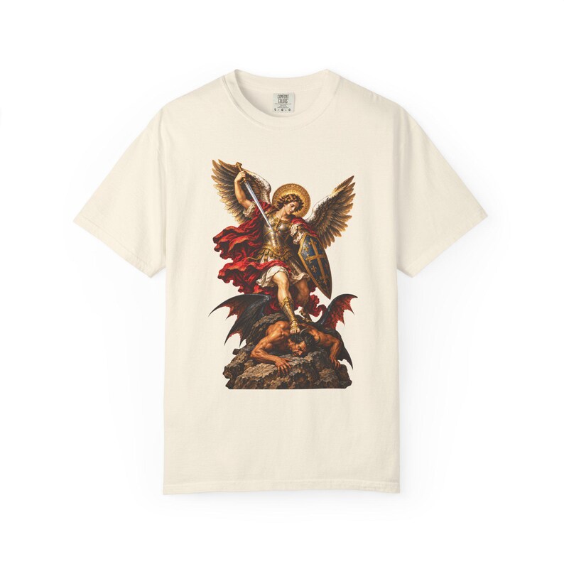 Archangel Michael Tee, Triumphant Angel Crushing the Devil, Warrior Prayer Gift for Dad, Godson or Husband, Comfort Colors image 4