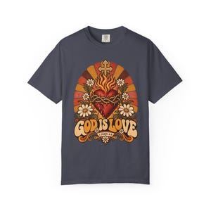 Retro Bible Verse Tee, 1 John 4 8 Sacred Heart Sunburst, Vintage Christian Gift for Mom, Boho Floral Scripture Apparel, Comfort Colors image 8