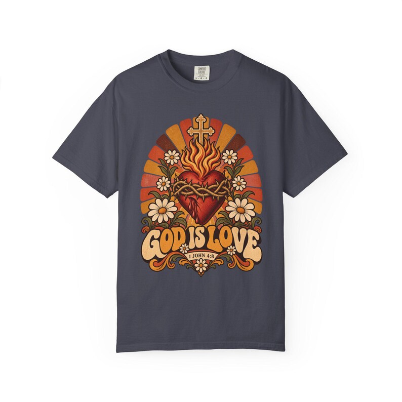 Retro Bible Verse Tee, 1 John 4 8 Sacred Heart Sunburst, Vintage Christian Gift for Mom, Boho Floral Scripture Apparel, Comfort Colors image 8