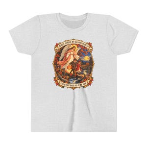 Camiseta infantil con la oración del Ángel de Dios, camiseta juvenil del Ángel Guardián, regalo católico para niños "Mi querido Guardián", arte vintage de puente otoñal. imagen 2