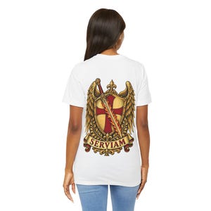 St Michael Emblem Back Print Tee, Sticker Style Winged Crest, Defend Us in Battle, Catholic Dad Gift for Godfather or Confirmation image 3