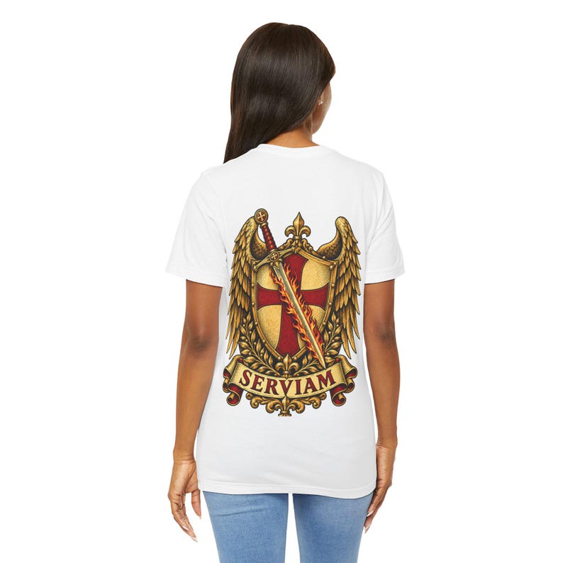 St Michael Emblem Back Print Tee, Sticker Style Winged Crest, Defend Us in Battle, Catholic Dad Gift for Godfather or Confirmation image 3