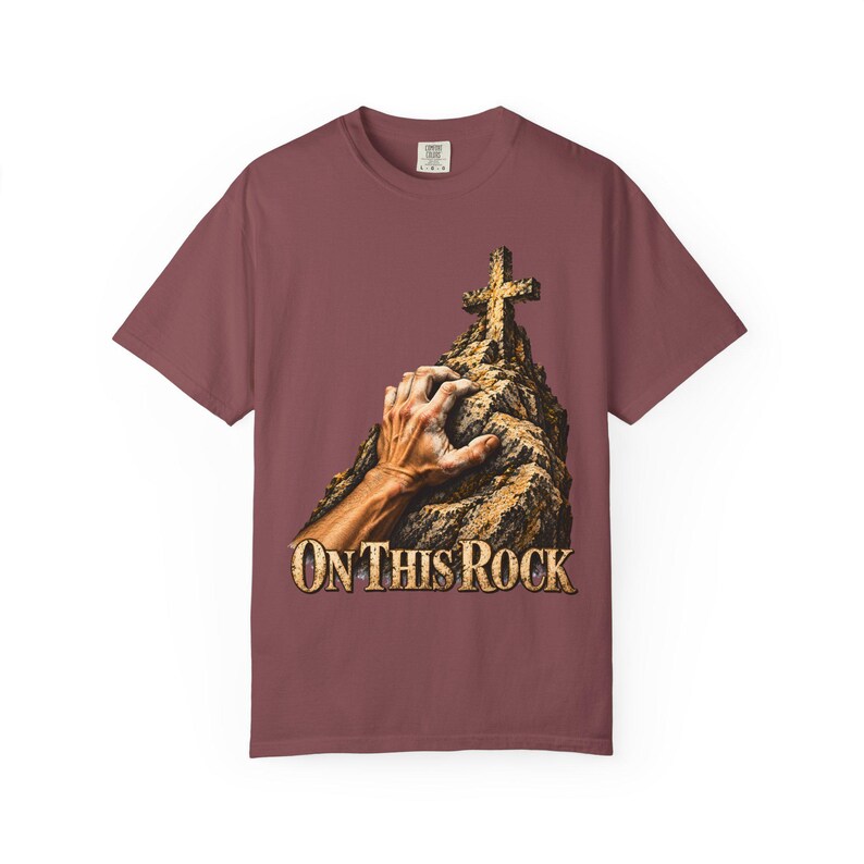 On This Rock Comfort Colors Shirt | Catholic Climbing T-Shirt | Gift for Rock Climber | Hand on Rock with Cross image 1