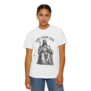 King of Kings Tee, Vintage Woodcut Jesus Enthroned, Solemnity of Christ Gift for Husband or Priest, Catholic Unisex Shirt, Comfort Colors image 11