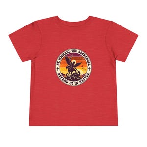 Toddler Retro St Michael Badge Tee, Defend Us in Battle Shirt, Catholic Gift for Toddlers, Archangel Slaying Dragon Sunset image 17