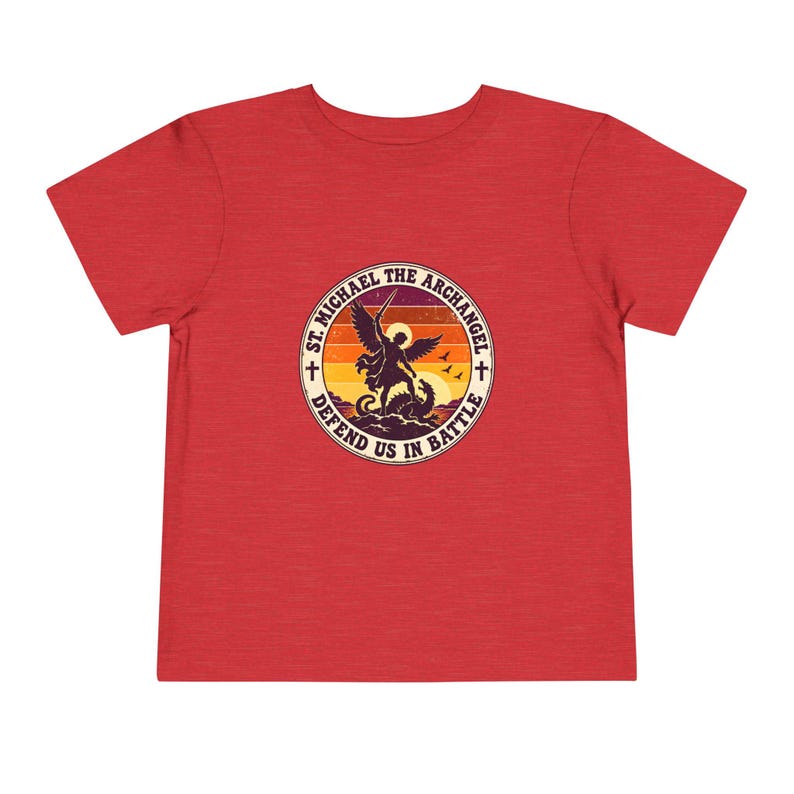 Toddler Retro St Michael Badge Tee, Defend Us in Battle Shirt, Catholic Gift for Toddlers, Archangel Slaying Dragon Sunset image 17