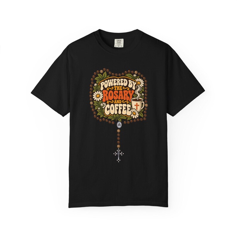 Funny Rosary and Coffee Tee, Retro Catholic Mom Gift, Caffeine Prayer Top for Women, Christian Humor Apparel for Teachers, Comfort Colors image 8