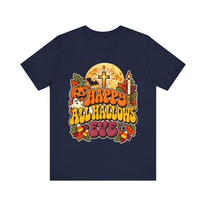 Catholic Halloween Tee, Retro Groovy All Hallows Eve Shirt, Cross Moon Ghost (Adults) image 8