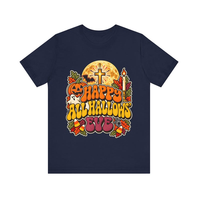 Catholic Halloween Tee, Retro Groovy All Hallows Eve Shirt, Cross Moon Ghost (Adults) image 8