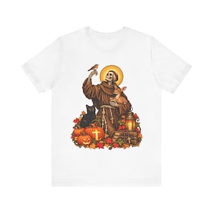 Skeleton St Francis Shirt | Catholic Halloween T-Shirt | Animal Lover Gift | Spooky Saint with Deer and Cat image 1